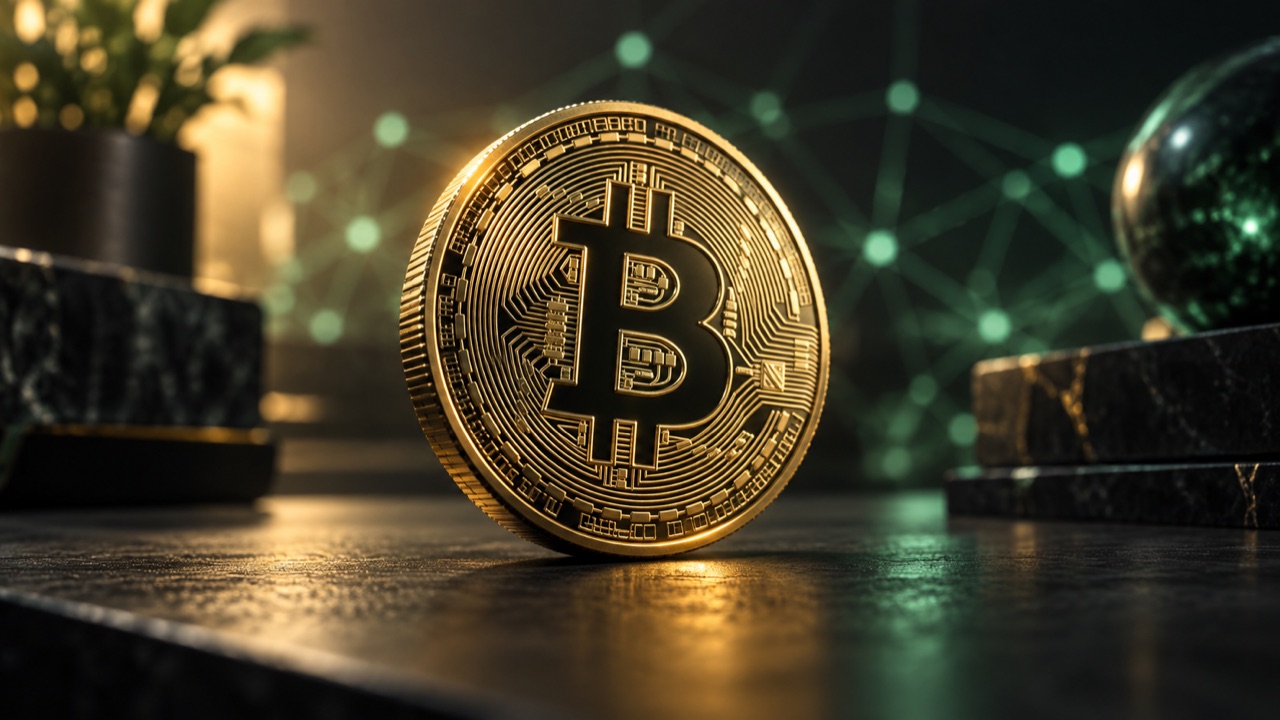 Ilustrasi token Bitcoin dan jaringan digital
